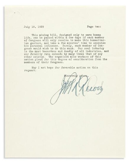 (LABOR.) LEWIS, JOHN L. Typed Letter Signed, to "the