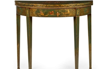 LATE GEORGE III GREEN JAPANNED DEMI-LUNE GAMES TABLE