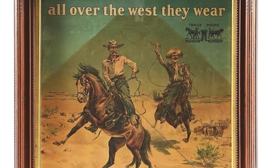 LEVI STRAUSS "ALL OVER THE WEST THEY WEAR" CARDSTOCK LITHOGRAPH W/ COWBOY GRAPHIC.