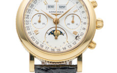 LONGINES, REF. L4.665.6, ERNEST FRANCILLON TRIPLE DATE CHRONOGRAPH MOONPHASE, YELLOW GOLD