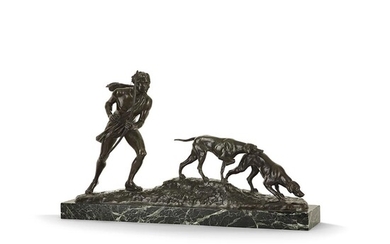 LOUIS RICHÉ (1877-1949) "Chasseur à l'arc et ses chiens", épreuve en bronze à patine verte, médaille et anthracite