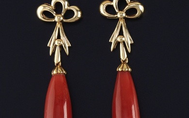 Ladies' Vintage Pair of Gold and Coral Dangle Earrings