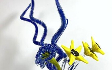 Large Artist Blown Glass Sculpture. Flowers in Vase wit