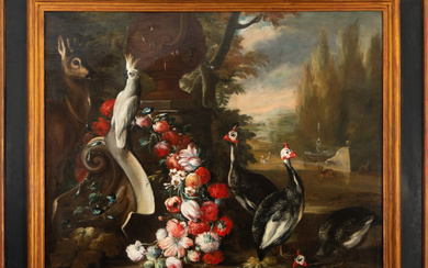 Large Pair of Still Lifes with Flowers and Birds in...