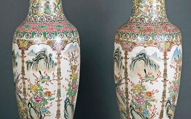 Large pair of vases in glazed Chinese porcelain with bird decoration in landscapes and floral and vegetable motifs. On carved wooden stands. Height: 125 cm. Exit: 10000uros. (166.386 Ptas.)