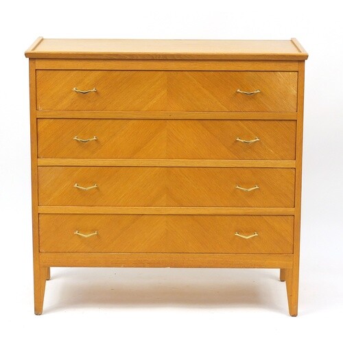 Light oak four drawer chest with brass handles, 90cm H x 92c...