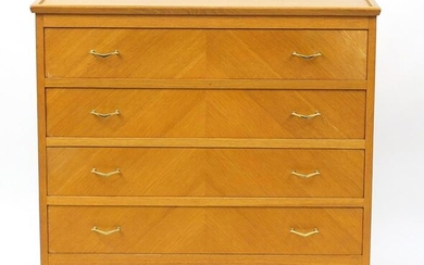 Light oak four drawer chest with brass handles, 90cm H