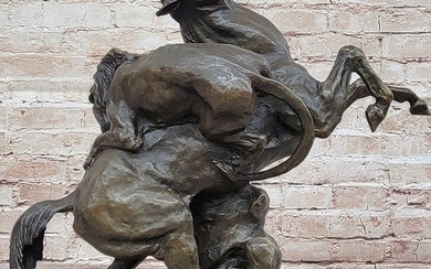 Lion Attacking Horse - Bronze Metal Sculpture by Antoine Barye on Marble Base