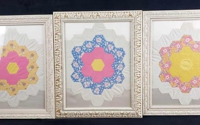 Lot of 3 Framed Handmade Quilted Art Pieces