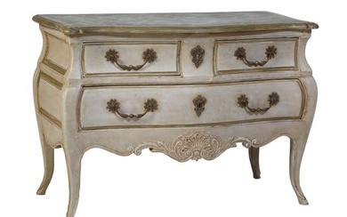 Louis XV Style Creme Peinte Bombe Chest, 20th c., H.- 29 in., W.- 42 in., D.- 21 in.