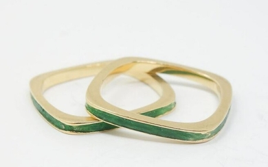 MCM Modernist Design Pair 18k Gold Green Enamel Rings