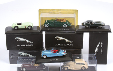 MODEL CARS, 8 pcs, metal/resin, among others Jaguar SS1 Airline, 1935, various manufacturers, scale 1:43.