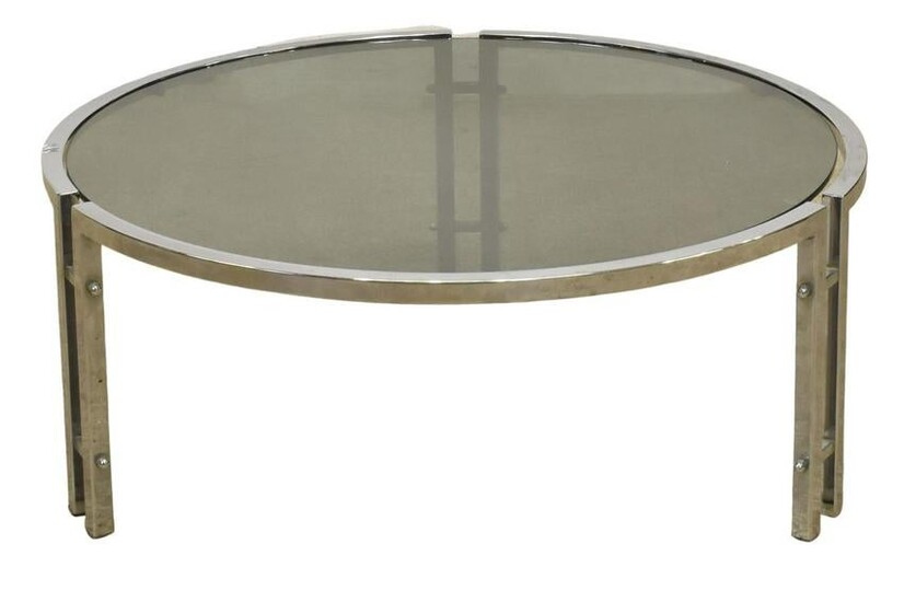 MODERN GLASS-TOP CHROMED STEEL ROUND COFFEE TABLE