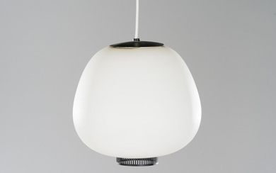MODERN WORK Suspension with ovoid body out of opaline glass and black openwork metal (scratches, chips around the edges and tiny chip inside). H. 25 ; D. 27 ; Diameter of the rim : 10,5 cm
