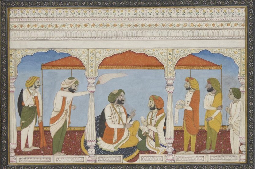 Maharaja Gulab Singh of Kashmir conversing with his son Raja Ranbir Singh in a palace pavilion, Punjab, India, 20th century, opaque pigments on paper, heightened with gold, the Maharaja shown seated with a dark blue bolster cushion behind him, with...