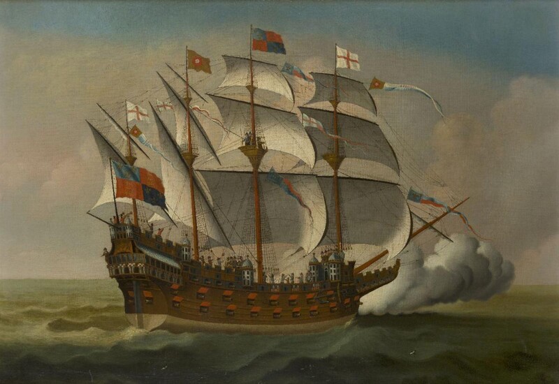 Manner of Isaac Sailmaker, early-mid 19th century- The salute of Lord Howard of Effingham's Flag Ship, the Ark Royal; oil on canvas, 94 x 136 cm. Provenance: Anon. sale, Christie's, London, 30 May 1991, lot 76 [Â£5,800 hammer].; An important...