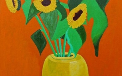 Marinela Marin, British b.1981- Sunflowers in a yellow vase; oil on canvas, signed and dated 2017 to the reverse, 76 x 50.5 cm (unframed) (ARR)