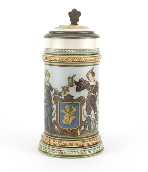 Mettlach pottery stein with pewter lid, incised with