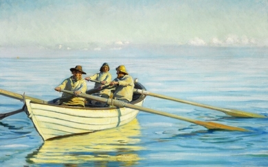Michael Ancher: Three fishermen in a rowing boat at sea. Signed and dated Michael Ancher 94. Oil on canvas. 90×132 cm.