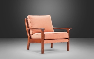 Mid Century Modern Lounge Chair in Solid Teak and Original Peach Fabric in the Manner of Poul