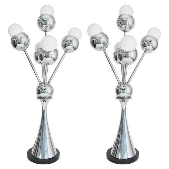 Modern Atomic Space Age Chrome Table Lamps, Pair