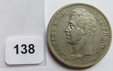 Monnaie - 5 Francs Charles X, 1er type 1826 Q Perpignan (argent, 24,94 g, 345 555 ex.) TB+ à TTB