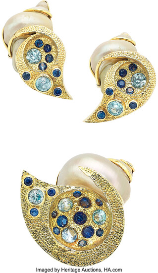 Multi-Stone, Turbo Shell, Gold Jewelry Suite Stones: Round-cut sapphires...