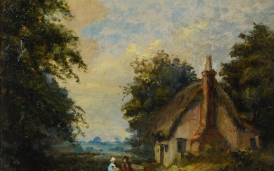 N. Newsom, British school, early 20th century- A cottage in the woods; oil on board, signed 'N. Newsom' (lower right), 21.7 x 26.8 cm