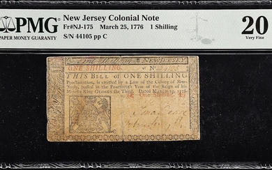 NJ-175. New Jersey. March 25, 1776. 1 Shilling. PMG Very Fine 20 Net. Split.
