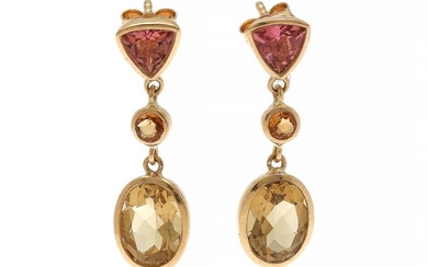 Natascha Trolle: A pair of ear pendants each set with a pink tourmaline, a mandarin garnet and a citrine, mounted in 18k gold. L. 26 mm. (2)
