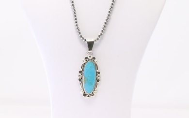 Native American Navajo Sterling Silver Turquoise Pendant By Angie Platero. With Pearl Beaded