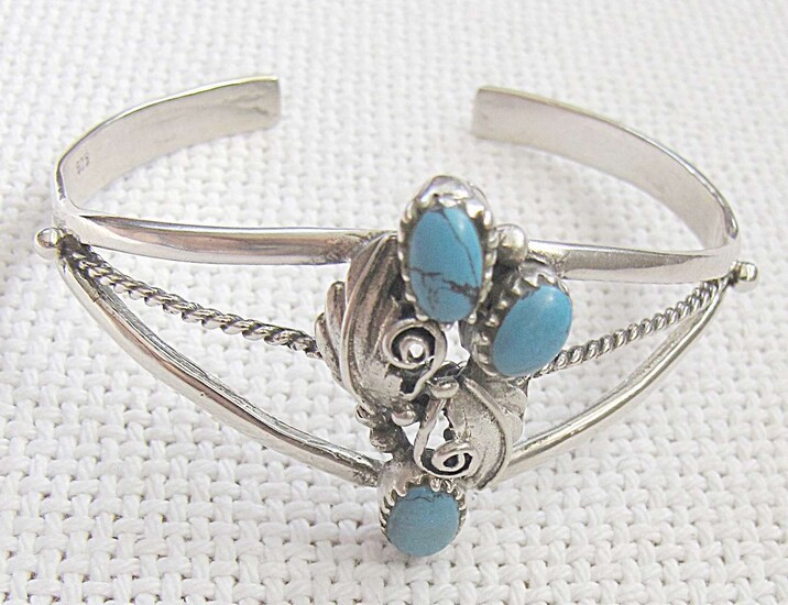 Navajo Native American filigree silver sterling and turquoise cuff bracelet.