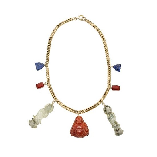 Necklace in yellow gold, carnelian, jade and lapis lazuli