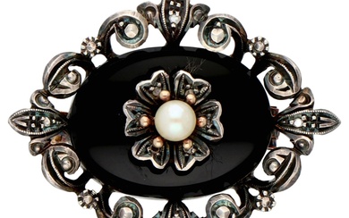 No Reserve - Gouden/zilveren Portugese broche bezet met een cultivé parel en roos geslepen diamanten.