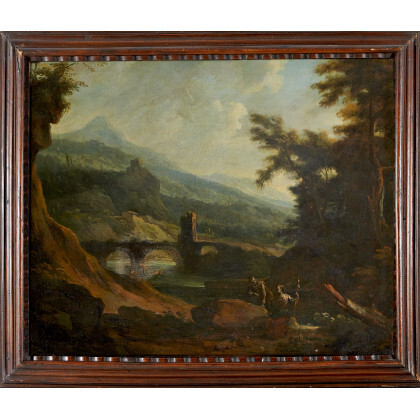 North Italian school, 18th century River landscape with shepherds and fishermen Oil on canvas, 68x81 cm. Framed (defects)