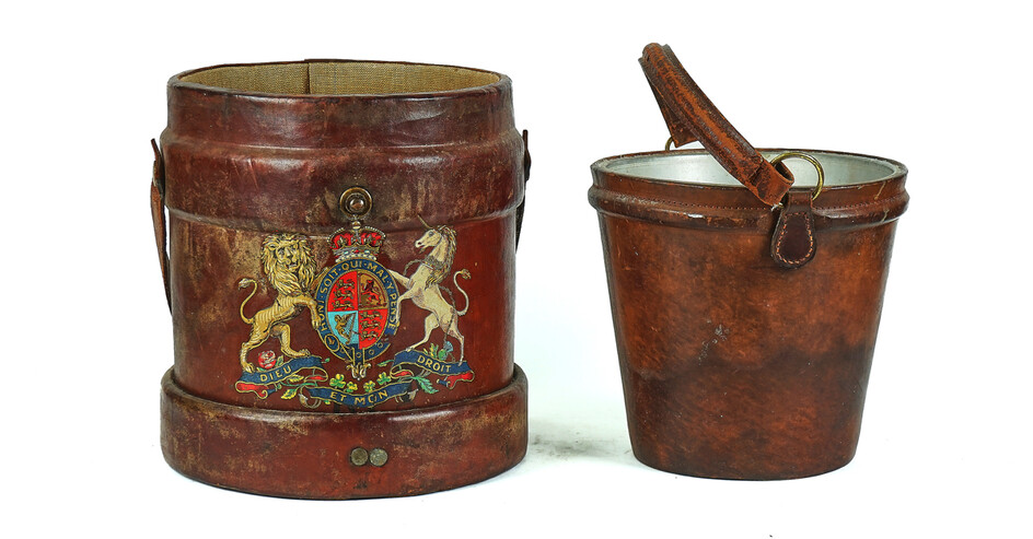 OF MILITARY INTEREST: A WORLD WAR II LEATHER SHOT BUCKET AND A LEATHER FIRE BUCKET (2)