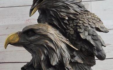 Original Double American Eagle Heads Handmade Bronze Statue Sculpture by Miguel Lopez - 15" x 11"