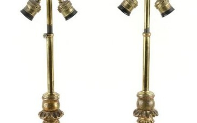 PAIR CARVED & GILD TABLE LAMPS MIRRORED GLASS