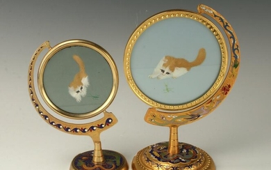 PAIR CLOISONNE ROTATING TABLE SCREENS WITH CATS