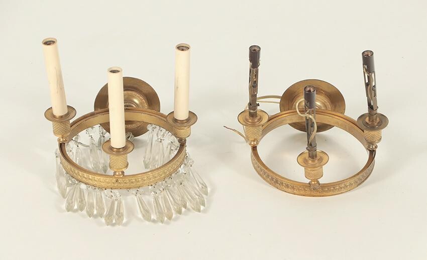 PAIR FRENCH EMPIRE STYLE BRASS AND CRYSTAL SCONCES