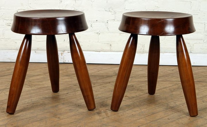 PAIR MODERN WOOD STOOLS WITH CONCAVE SEATS