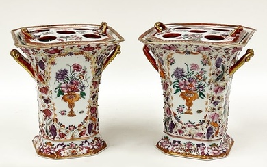 PAIR OF 18TH C. CHINESE EXPORT FAMILE ROSE BOUGH POTS