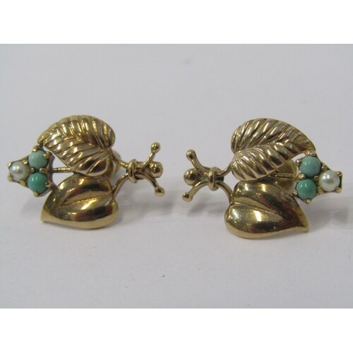 PAIR OF 9CT YELLOW GOLD TURQUOISE & PEARL EARRINGS, in the f...