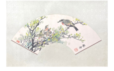 潘锡豪 扇面彩墨画 鸟 PAN XIHAO FAN SHAPED CHINESE INK AND COLOR PAINTING BIRDS