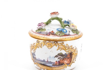 PORCELAIN SUGAR BOWL WITH LID WITH LANDSCAPE CARTOUCHES AND FLOWER...