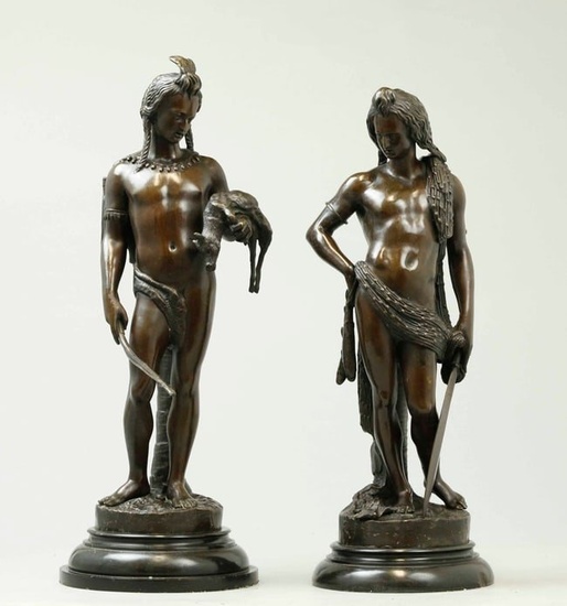 Pair 19 C bronze figure sculptures, American Indian hunters