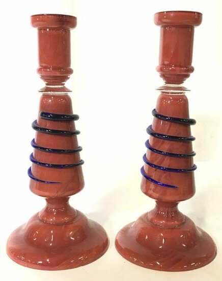 Pair Art Glass Candlesticks