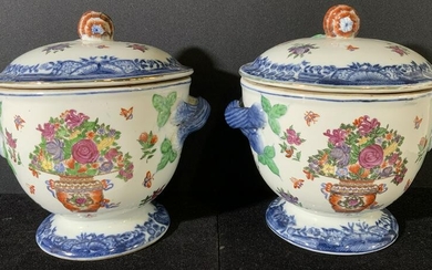 Pair Asian Porcelain Vessels W Lids & Handles