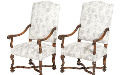 Pair Louis XIV Style Carved Fauteuil Arm Chairs