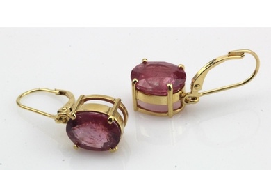 Pair of 18ct yellow gold ruby drop earrings, one oval 11mm x...